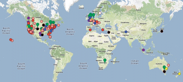 World Map showing all ISS-Above locations after the Kickstarter